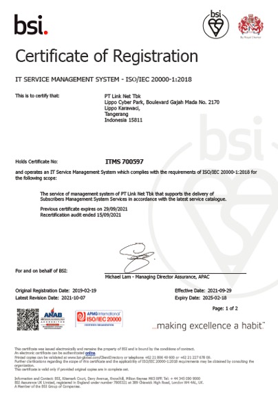Certified for Standarization of Management System -- PT Link Net Tbk